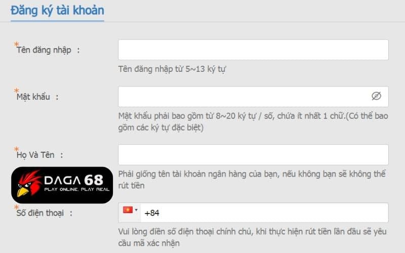 Điền thông tin vào biểu mẫu đăng ký DAGA68