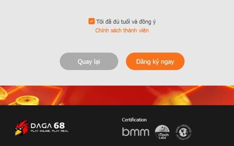 Hoàn tất quy trình đăng ký DAGA68